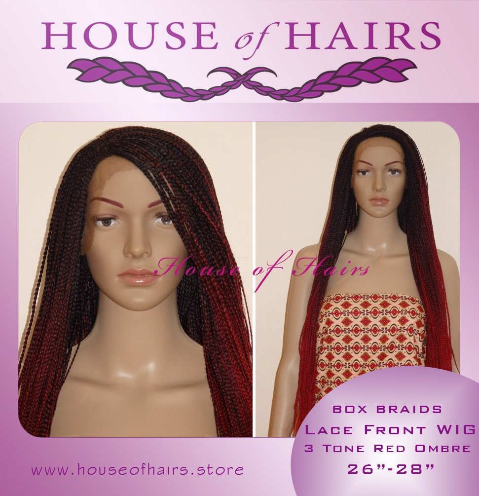 Handmade OMBRE Box Braid Braided LACE FRONT Wig Off Black / Burgundy/Red  26-28 Baby Hair Side Part