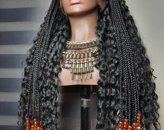 SIMI - Frontal Lace Wig Cornrow Ghana Weave with Curls Black - 0137