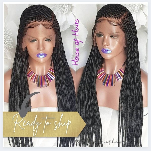 Braided FULL LACE Wig Side Part Braids Cornrow Ghana Weave Box Braids Col 1 Black 24" Baby Hair