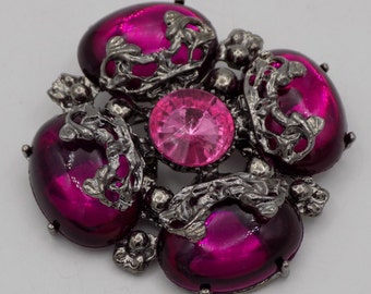 Vintage brooch, silver metal, plum-colored cabochon, women's brooch, girls' brooch, vintage jewelry, women's gift, girls', women's jewelry, vintage gift