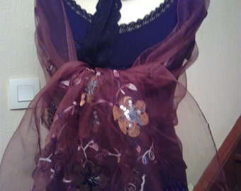 Brown Embroidered silk organza shawl