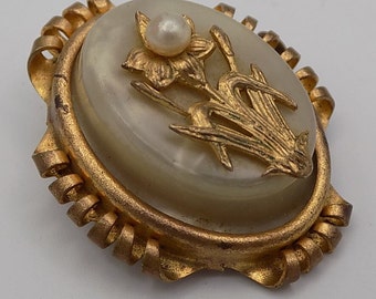 Broche Ancienne Ronde Brillante Plaqué Or Style Pomponne XIXe Siècle - Occasion