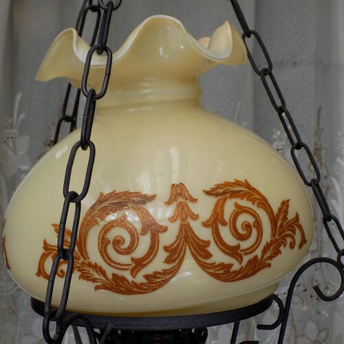 Vintage suspension, vintage chandelier, wrought shops iron and glass globe, decorative object, decorative gift, vintage gift, home décor, lighting, lighting