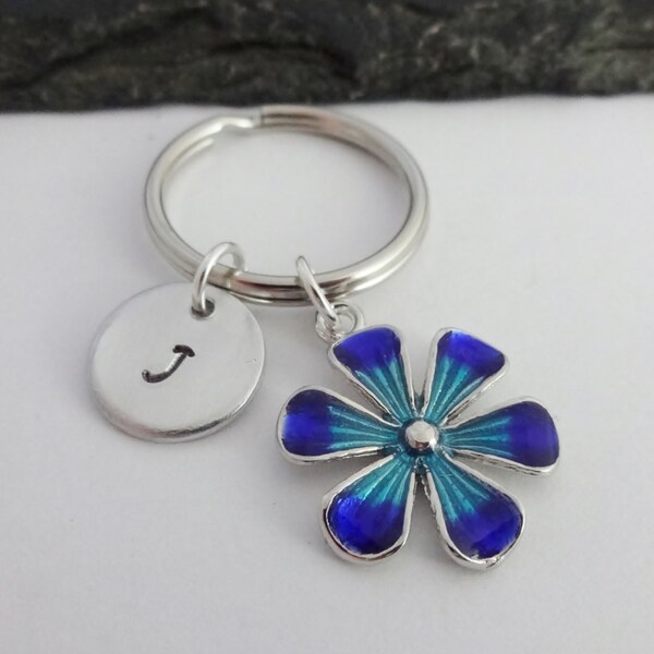 Flower Keyring, Initial Flower Keyring, Hand Stamped Keyring, Floral keyring,Charm Keyring,Flower Keychain,Personalised Keyring,Gift For Her