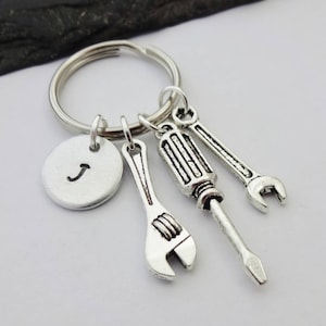 Mechanic Keyring, Initial Keychain, Tool Keyring, Hand Stamped Keyring, Charm Keyring, Spanner Keychain, Mens Gift, Mechanic Gifts, Wrench image 1