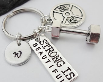 Fitness Keyring, Gym Keychain, Weightlifting Keyring, Initial Keyring, Hand Stamped Keyring, Motivation Keyring, Fitness Gift, Workout Gifts