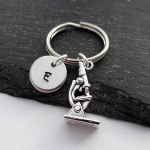 Microscope Keyring, Initial Keyring, Science Gift, Microscope Keychain, Science Keyring, Hand Stamped Keyring, Personalised, Lab, Biology