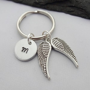 Angel Wings Keyring, Initial Angel Wings Keyring, Angel Keyring, Hand Stamped, Charm, Angel Keychain, Personalised Keyring, Angel Gift