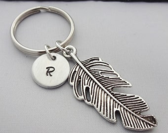 Initial Feather Keyring, Feather Keyring, Hand Stamped Keyring, Feather Keychain, Charm Keyring, Keychain, Personalised Keyring, Gift