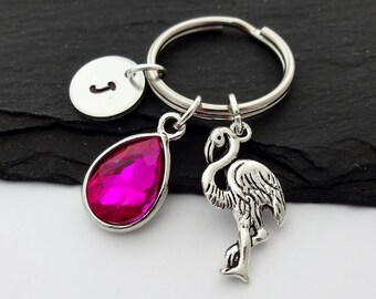 Flamingo Gift, Flamingo Keyring, Personalised Gifts, Initial Charm Keyring, Hand Stamped, Flamingo Keychain, Birth Month, Animal Gifts