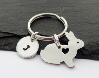 Rabbit Keychain, Initial Rabbit Keyring, Hand Stamped, Small Gift, Pet Owner, Personalised Charm Keyring, Rabbit Lover Gift, Pet Gifts