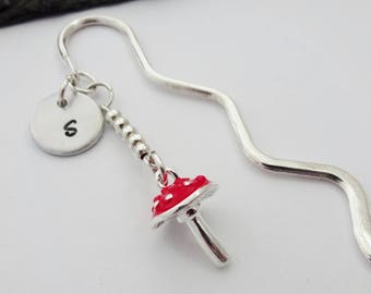 Mushroom Bookmark, Initial Bookmark, Mushroom Gifts, Charm Bookmark, Hand Stamped, Personalised, Beaded Bookmark, Quirky Gift, Red Bookmark
