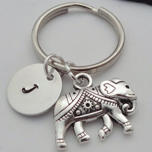 Elephant Charm Keyring Initial Elephant Keyring Hand Stamped Etsy UK