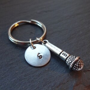 Initial Microphone Keyring, Hand Stamped Keyring, Microphone Keyring, Music keyring, Charm Keyring, Music Gift, Personalised Keyring