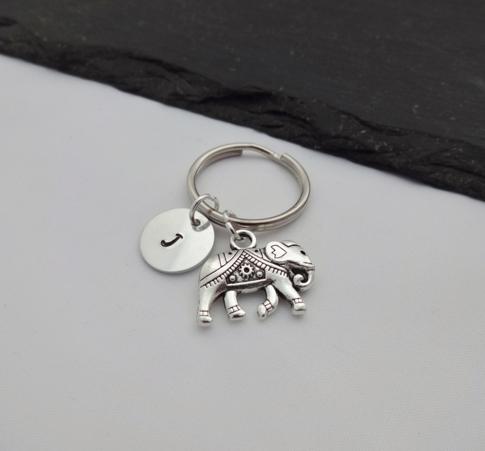 Elephant Charm Keyring Initial Elephant Keyring Hand Stamped Etsy
