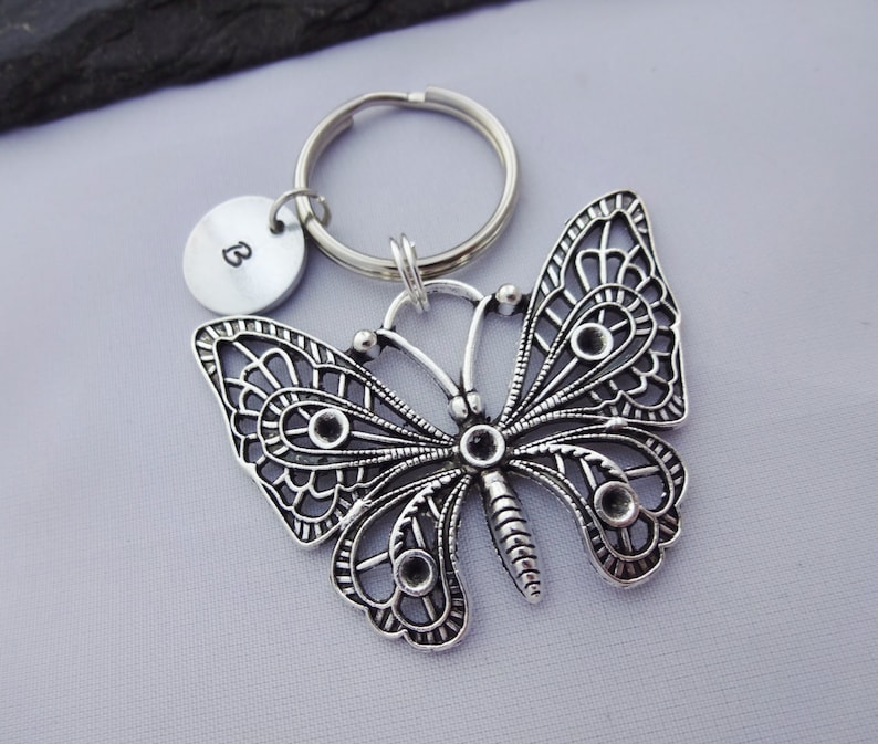 Butterfly Keychain, Butterfly keyring, Initial Butterfly Keyring, Hand Stamped Keyring, Butterfly Charm, Personalised Gift, Butterfly Gift image 1