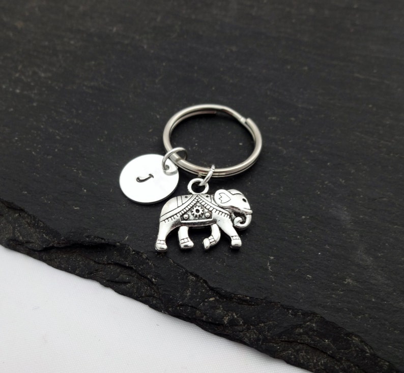 Elephant Charm Keyring, Initial Elephant Keyring, Hand Stamped Keyring, Elephant Keyring, Animal keyring, Keychain, Personalised, Gift image 2