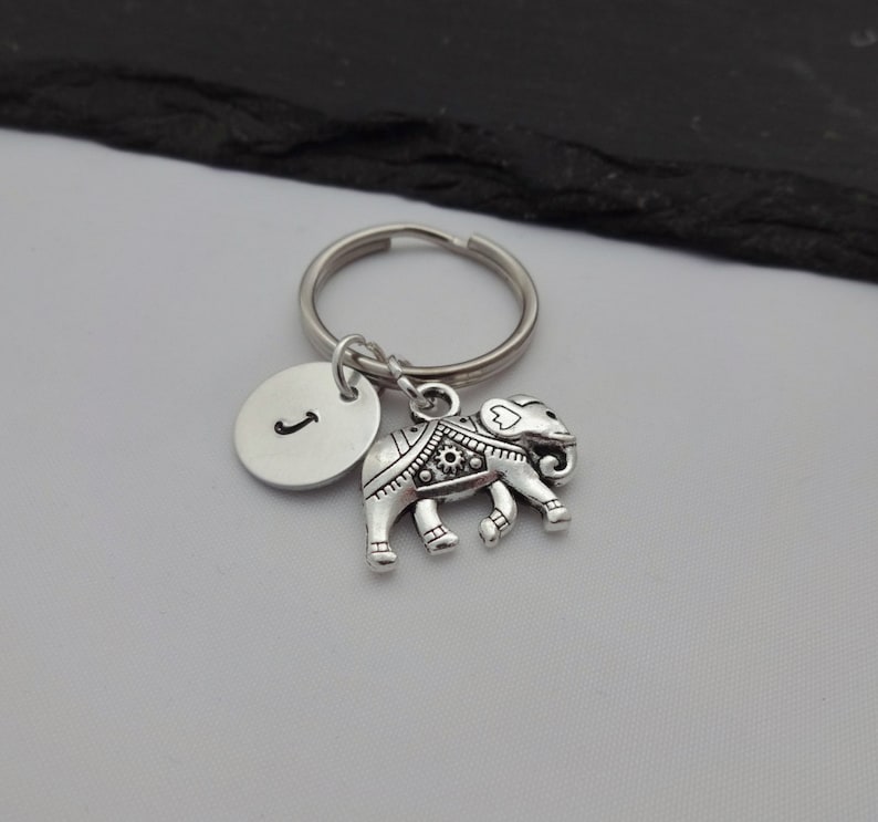 Elephant Charm Keyring, Initial Elephant Keyring, Hand Stamped Keyring, Elephant Keyring, Animal keyring, Keychain, Personalised, Gift image 3