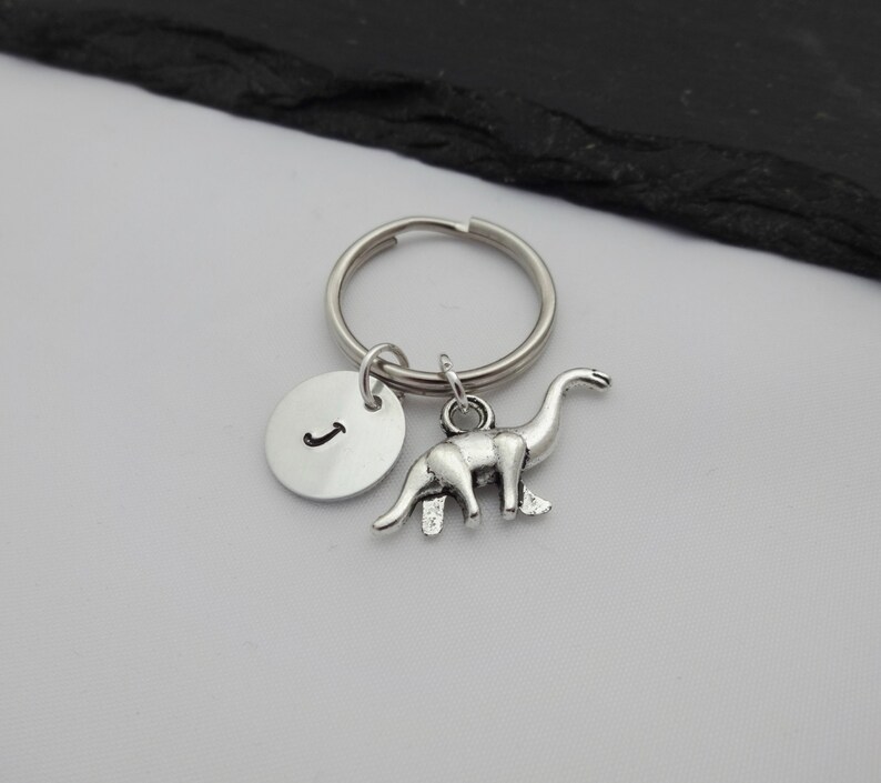 May include: Silver keychain with a dinosaur charm and a round disc charm with the letter J engraved on it.