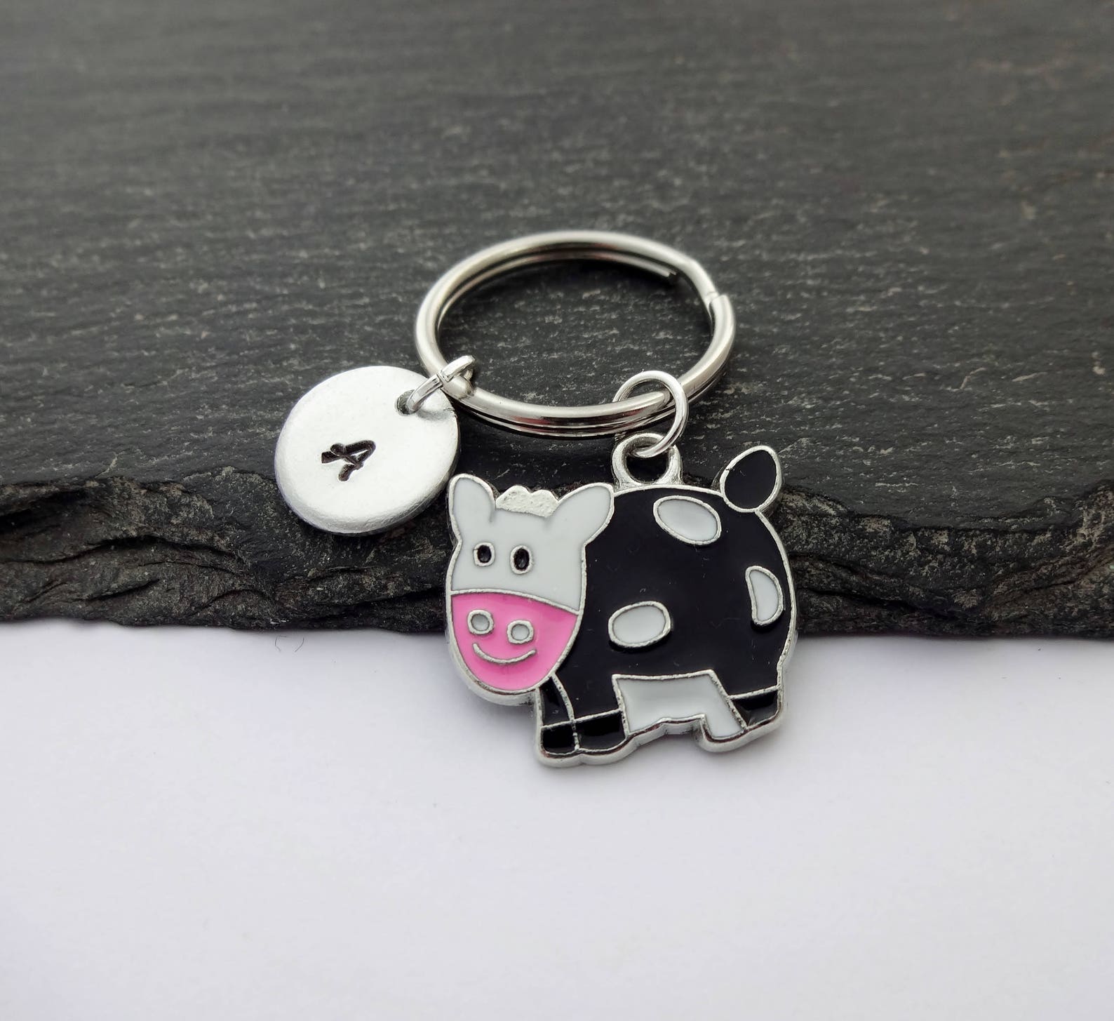 Cow Keychain Cow Keyring Initial Keyring Hand Stamped Etsy