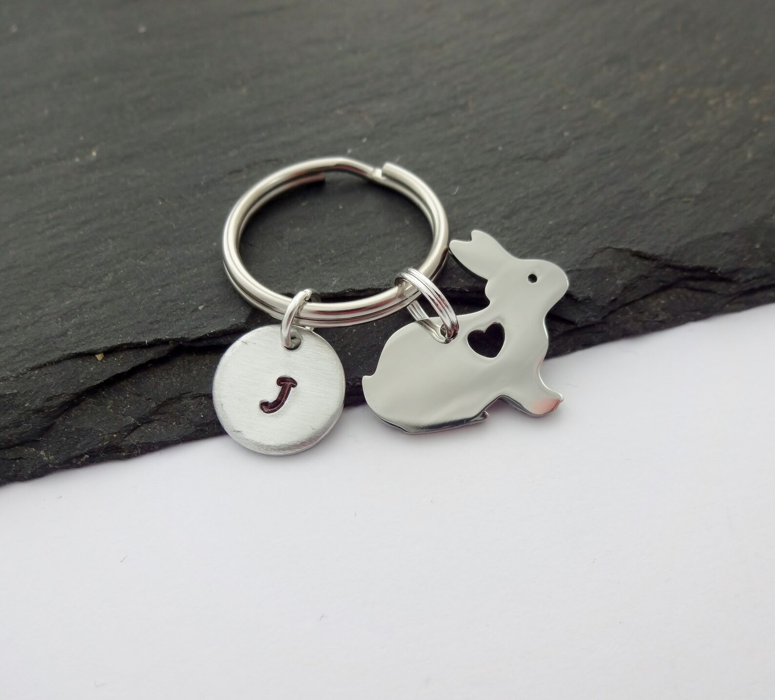 Rabbit Keychain Initial Rabbit Keyring Hand Stamped Small Etsy UK
