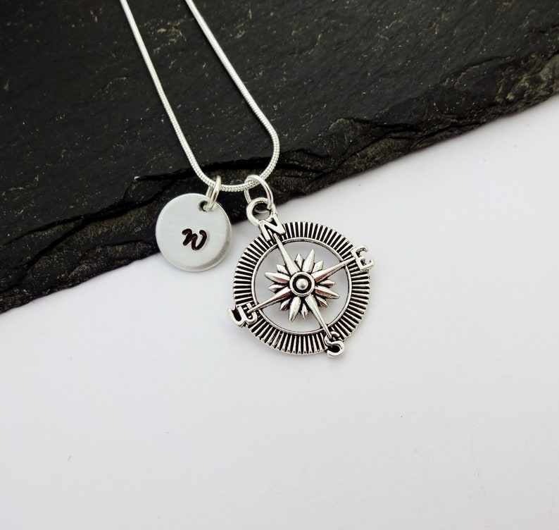 Initial Compass Necklace, Travel Necklace, Initial Charm Necklace, Travel Gift, Traveller Gifts, Personalised Travel Gifts, Travel Jewellery image 1