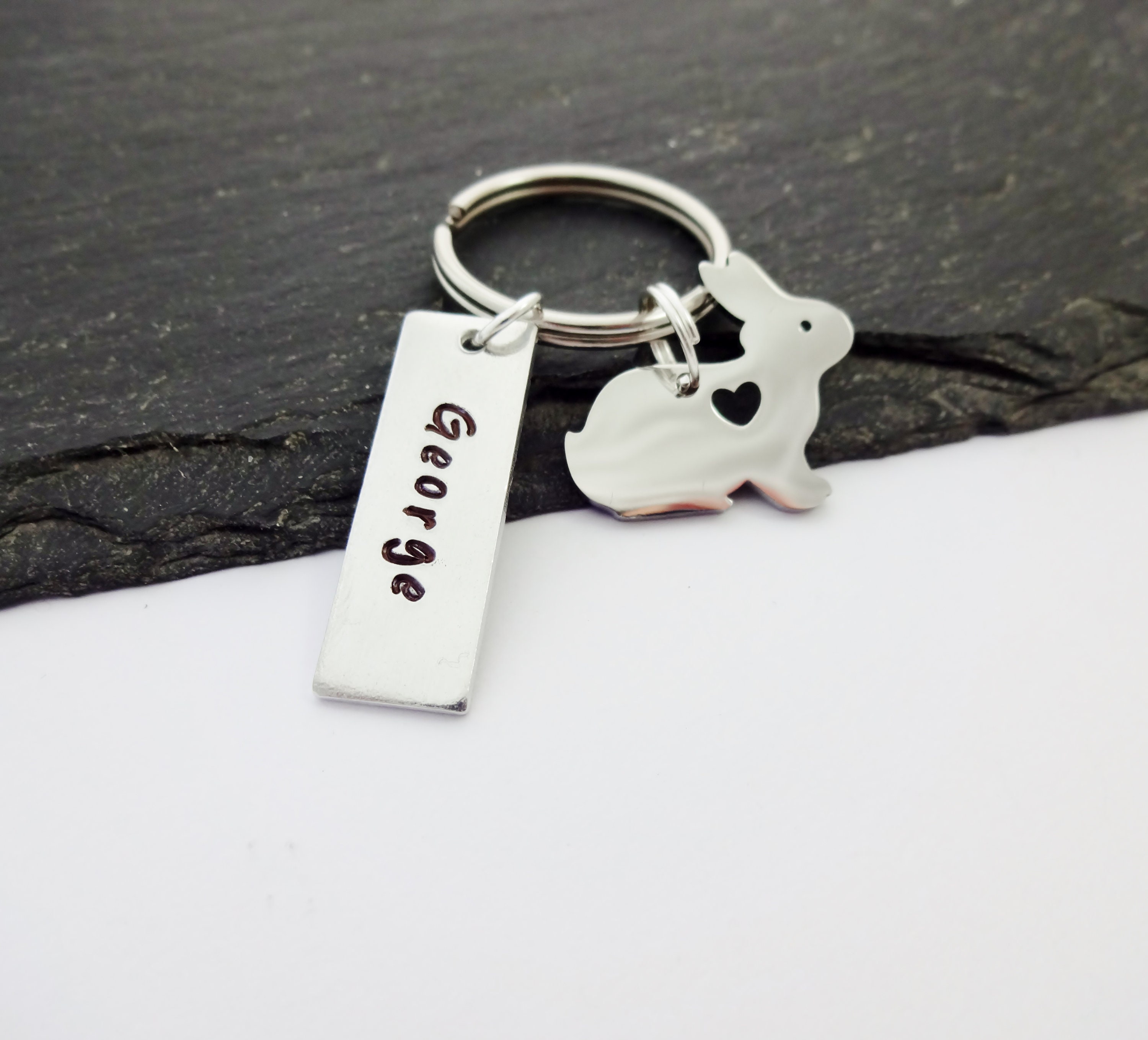 Rabbit Keyring Name Keychain Hand Stamped Pet Owner Etsy