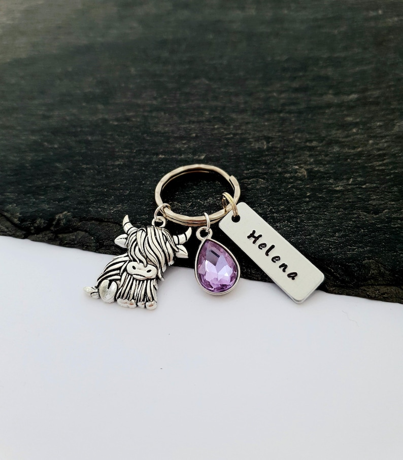 Puede incluir: Un llavero plateado con un dije de vaca de las Tierras Altas, una gema morada en forma de l&aacute;grima y una etiqueta rectangular con el nombre "Helena" grabado. Ideal para llaves o como accesorio decorativo.