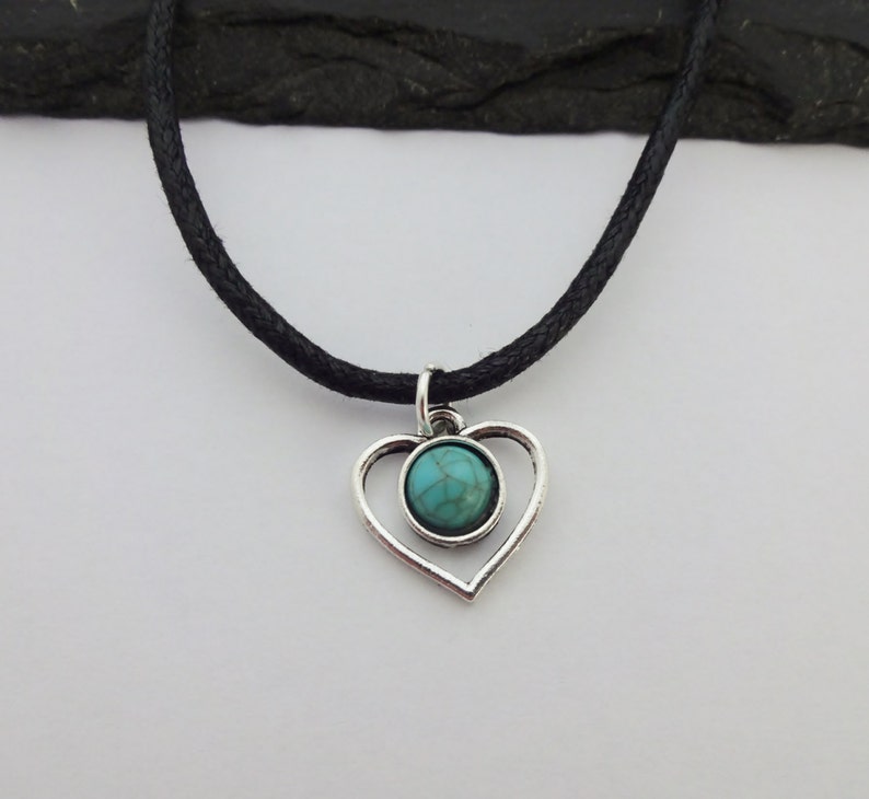 Collier Choker Coeur, Collier Coeur, Collier Charme, Collier Cordon Noir, Collier Turquoise, Cadeau Coeur, Bijoux, Bijoux, Amour image 3