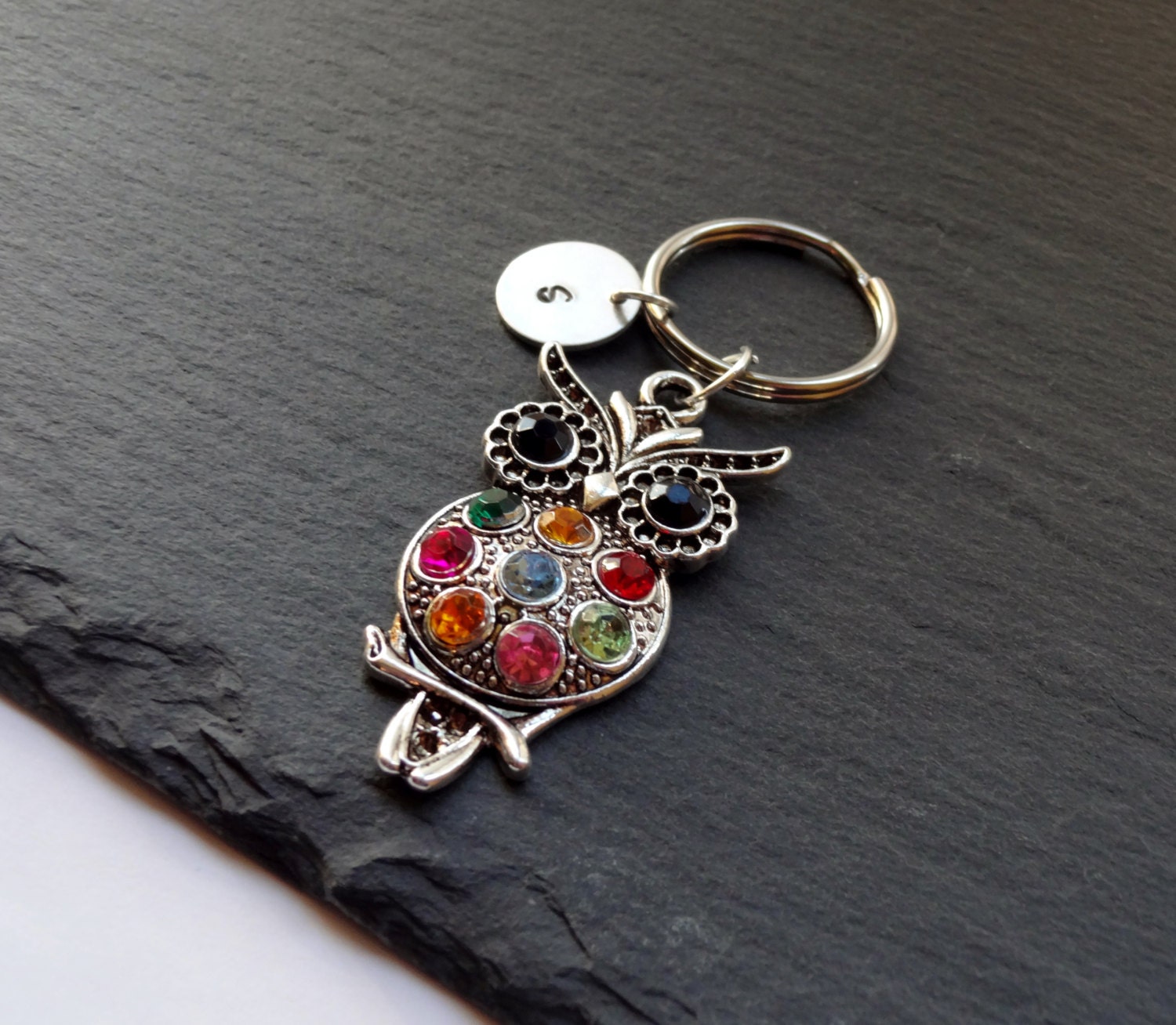 Owl Keyring Hand Stamped Keyring Initial Owl Keyring Animal Etsy UK