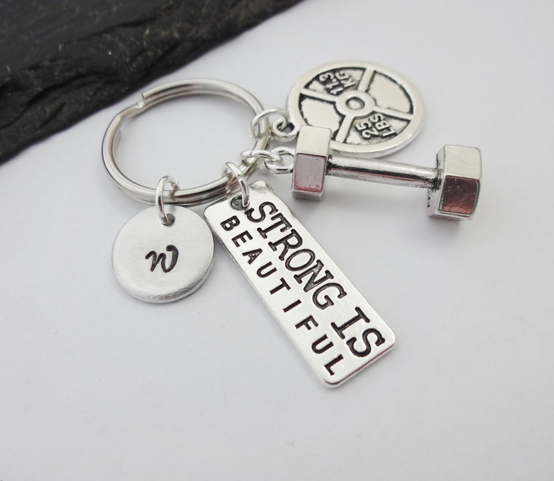 Fitness Keyring Gym Keychain Weightlifting Keyring Initial Etsy