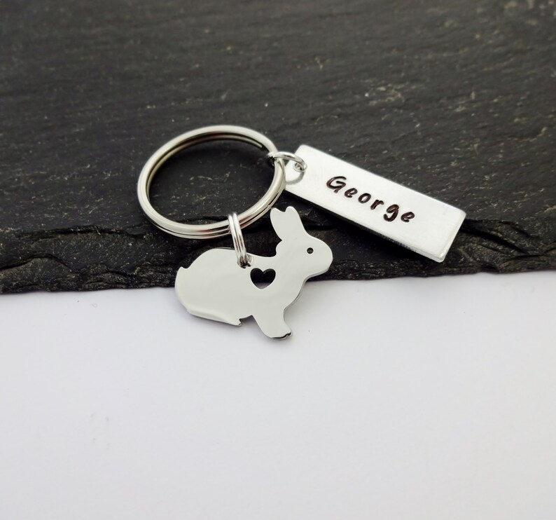 Rabbit Keyring Name Keychain Hand Stamped Pet Owner Etsy