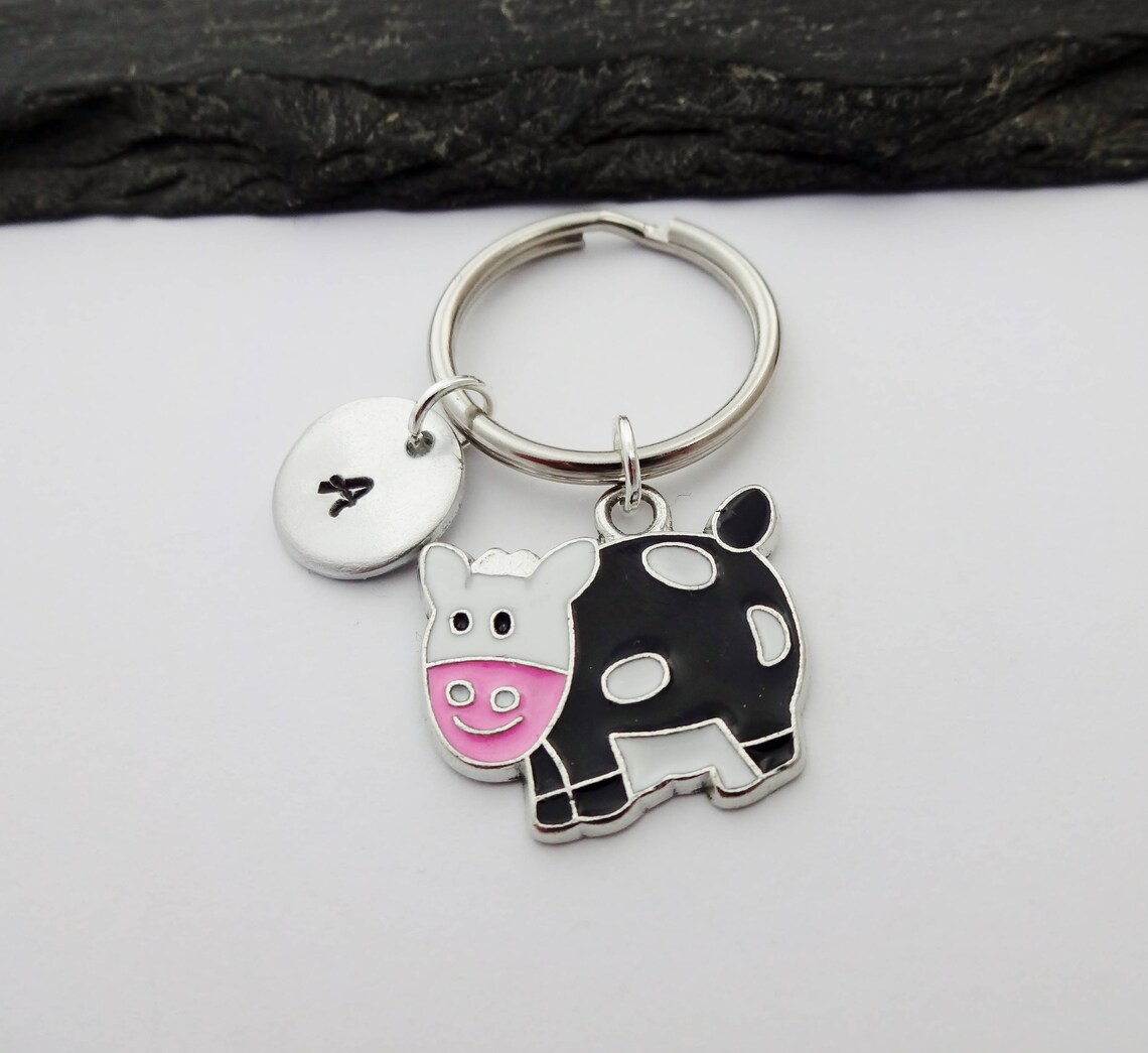 Cow Keychain Cow Keyring Initial Keyring Hand Stamped Etsy