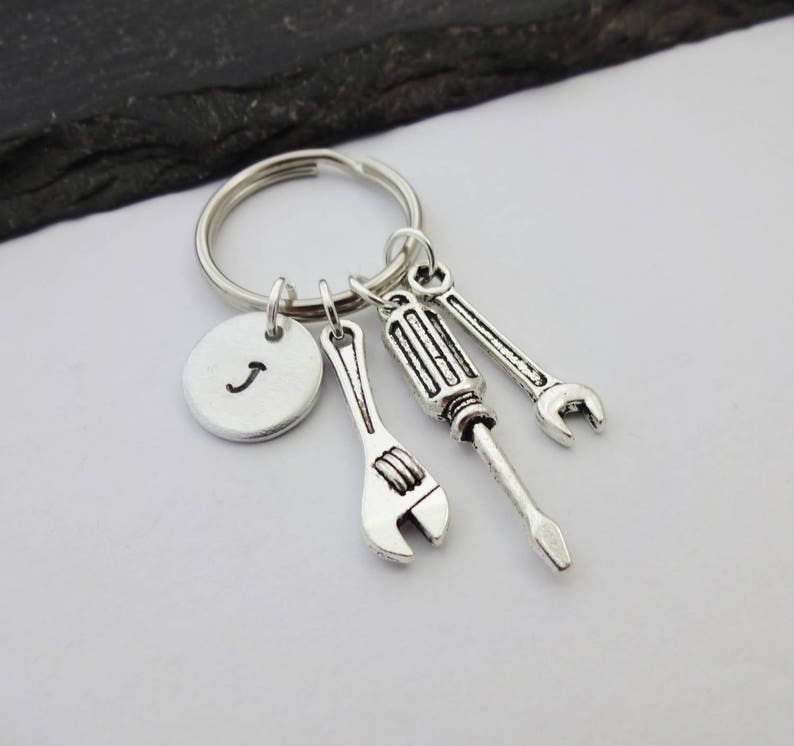 Mechanic Keyring, Initial Keychain, Tool Keyring, Hand Stamped Keyring, Charm Keyring, Spanner Keychain, Mens Gift, Mechanic Gifts, Wrench image 1