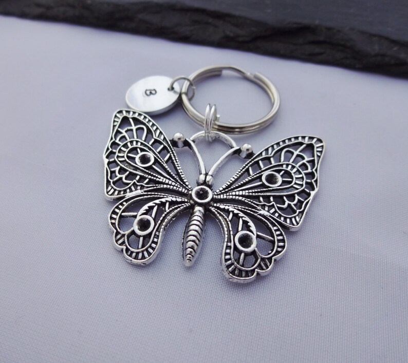 Butterfly Keychain, Butterfly keyring, Initial Butterfly Keyring, Hand Stamped Keyring, Butterfly Charm, Personalised Gift, Butterfly Gift image 2