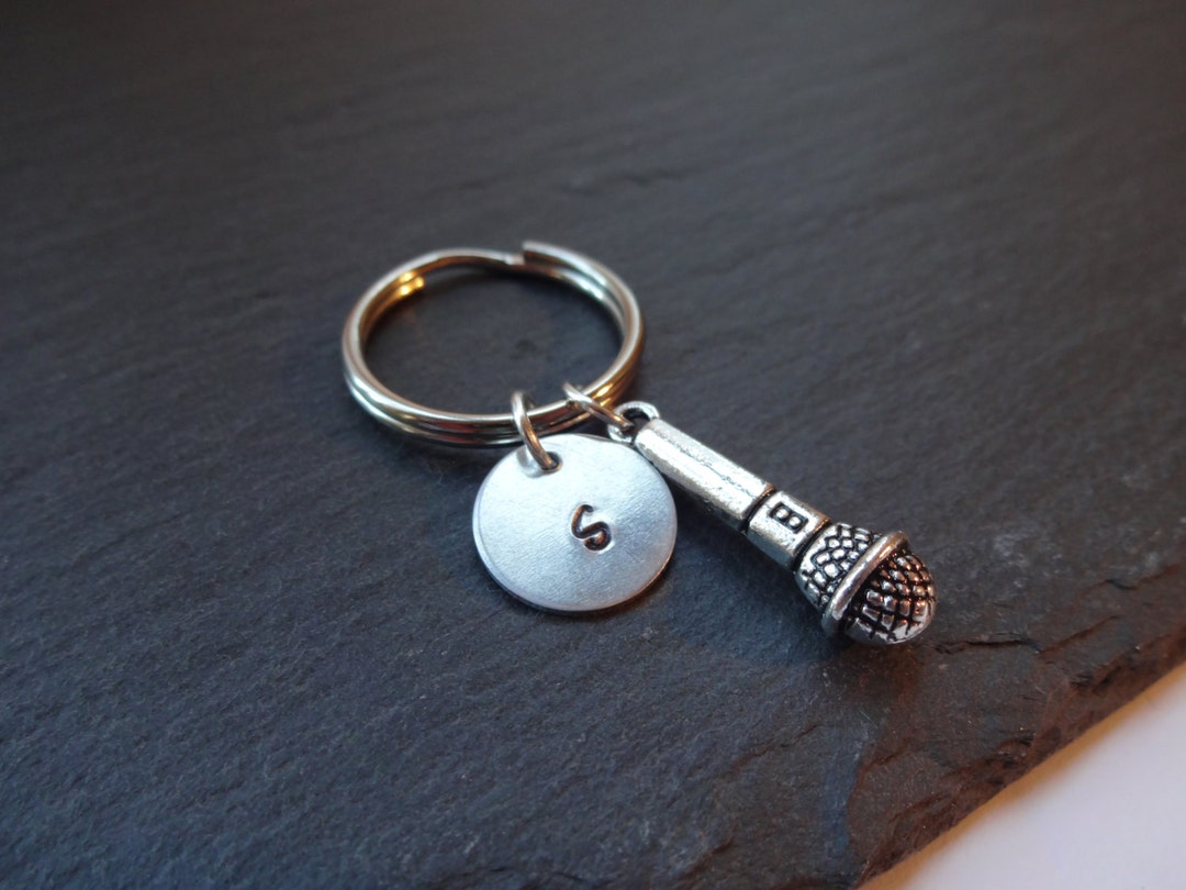 Initial Microphone Keyring, Hand Stamped Keyring, Microphone Keyring