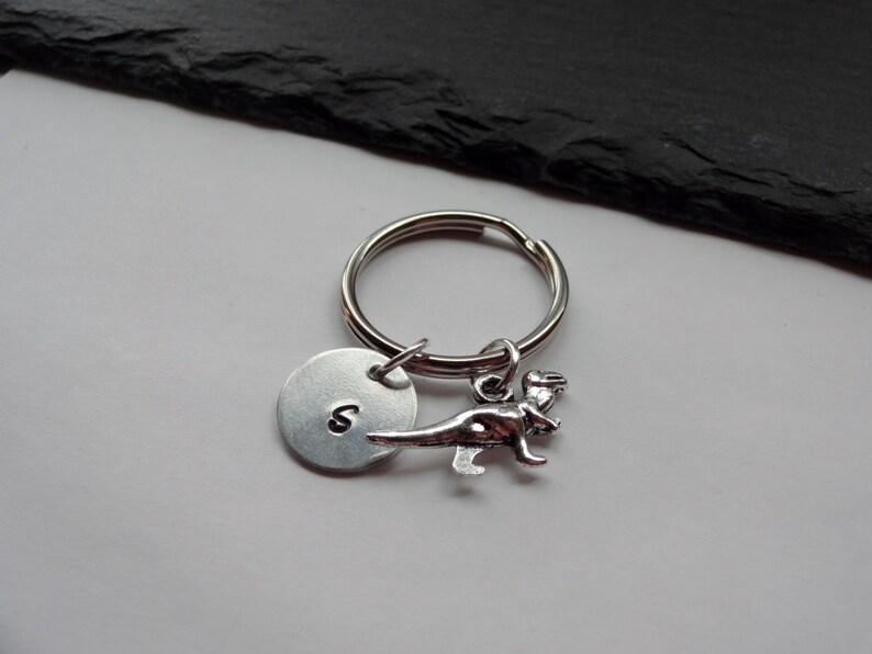 May include: Silver keychain with a small dinosaur charm and a round disc with the letter "S" engraved on it.