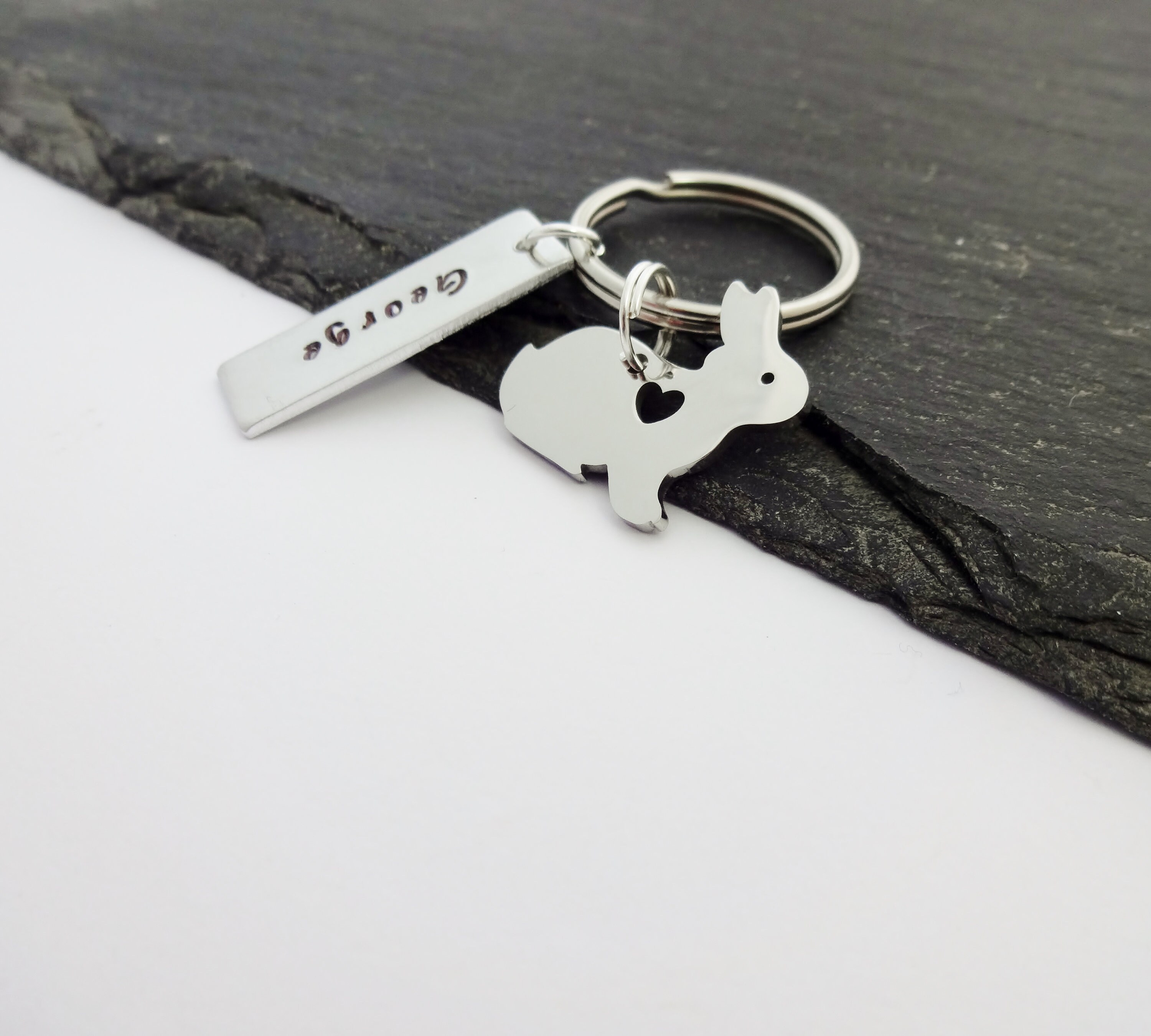 Rabbit Keyring Name Keychain Hand Stamped Pet Owner Etsy