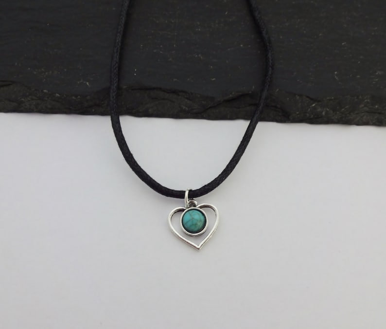 Collier Choker Coeur, Collier Coeur, Collier Charme, Collier Cordon Noir, Collier Turquoise, Cadeau Coeur, Bijoux, Bijoux, Amour image 2