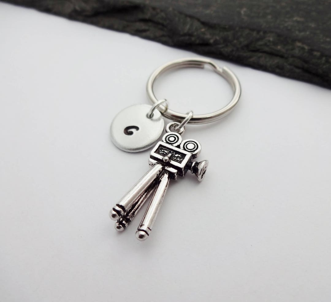 Movie Camera Keyring, Initial Keyring, Movie Keyring, Hand Stamped
