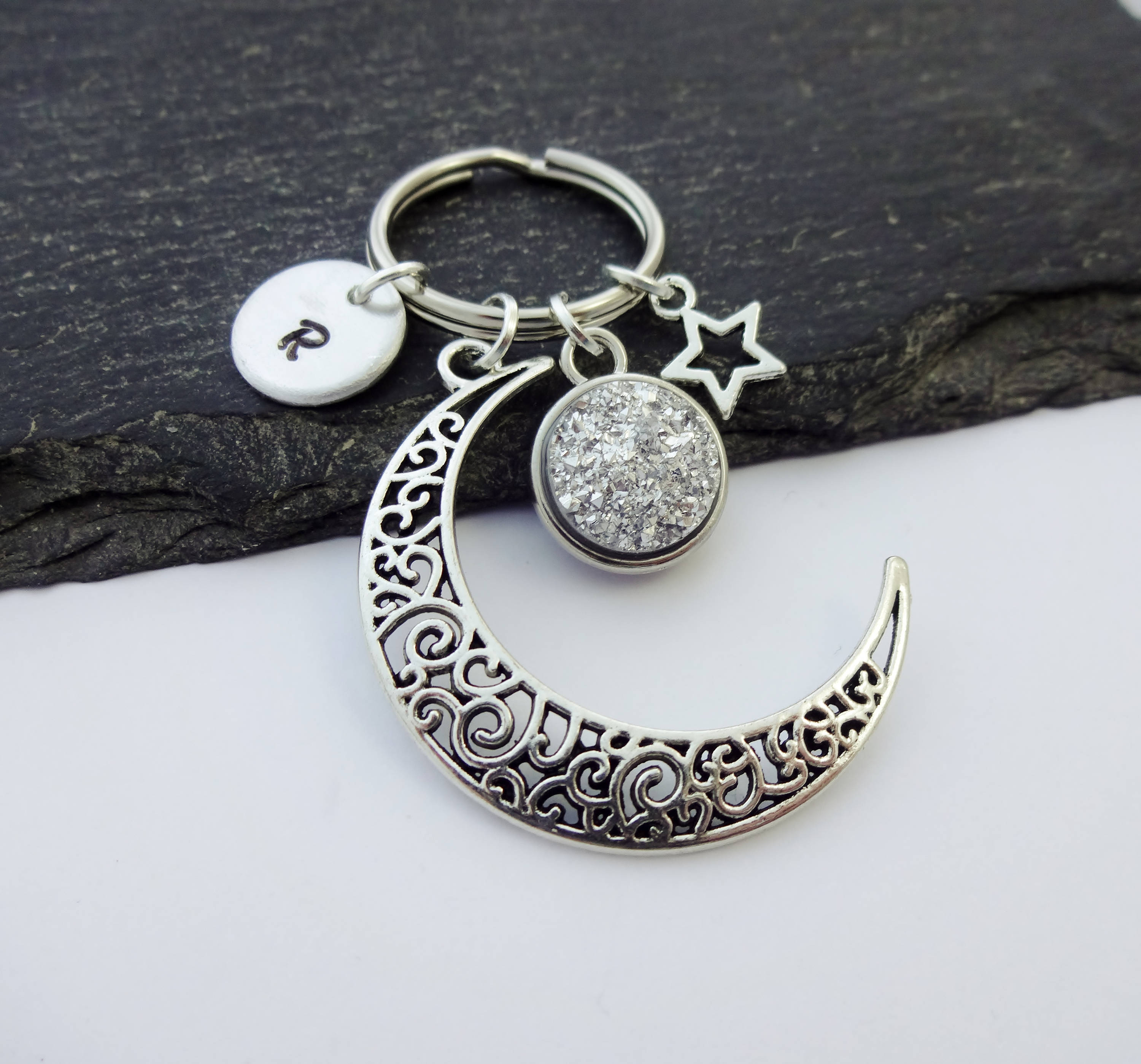 Moon Keychain Star Keyring Crescent Moon Initial Keyring Etsy Sweden