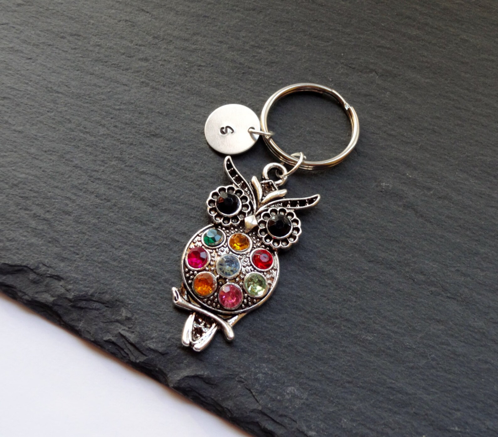Owl Keyring Hand Stamped Keyring Initial Owl Keyring Animal Etsy UK
