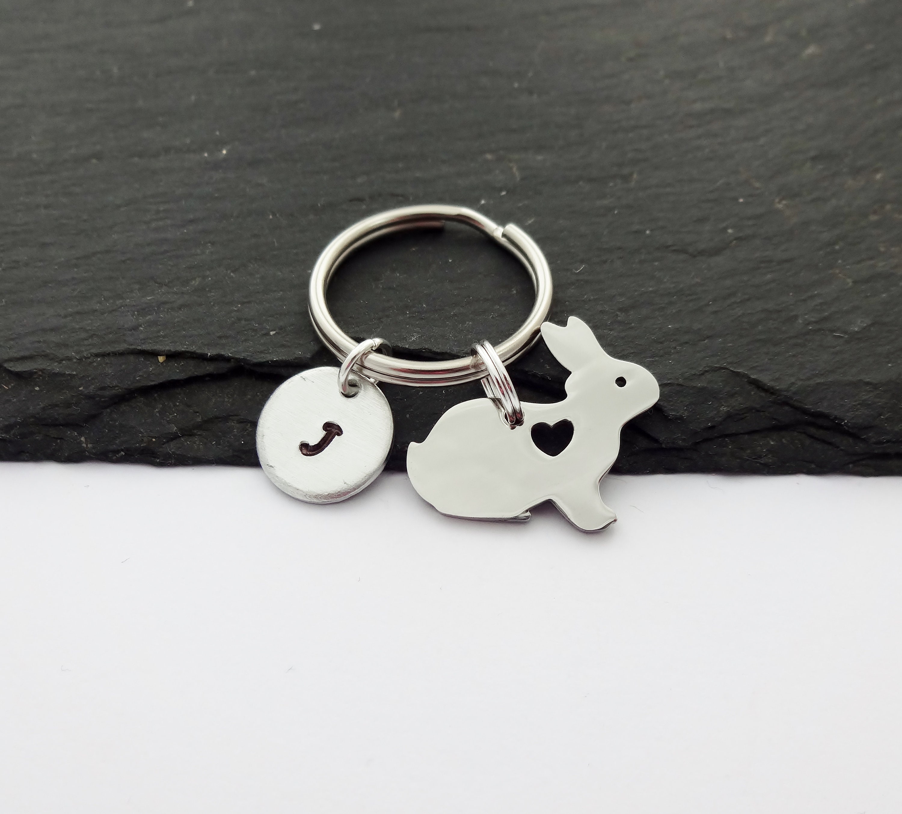 Rabbit Keychain Initial Rabbit Keyring Hand Stamped Small Etsy UK