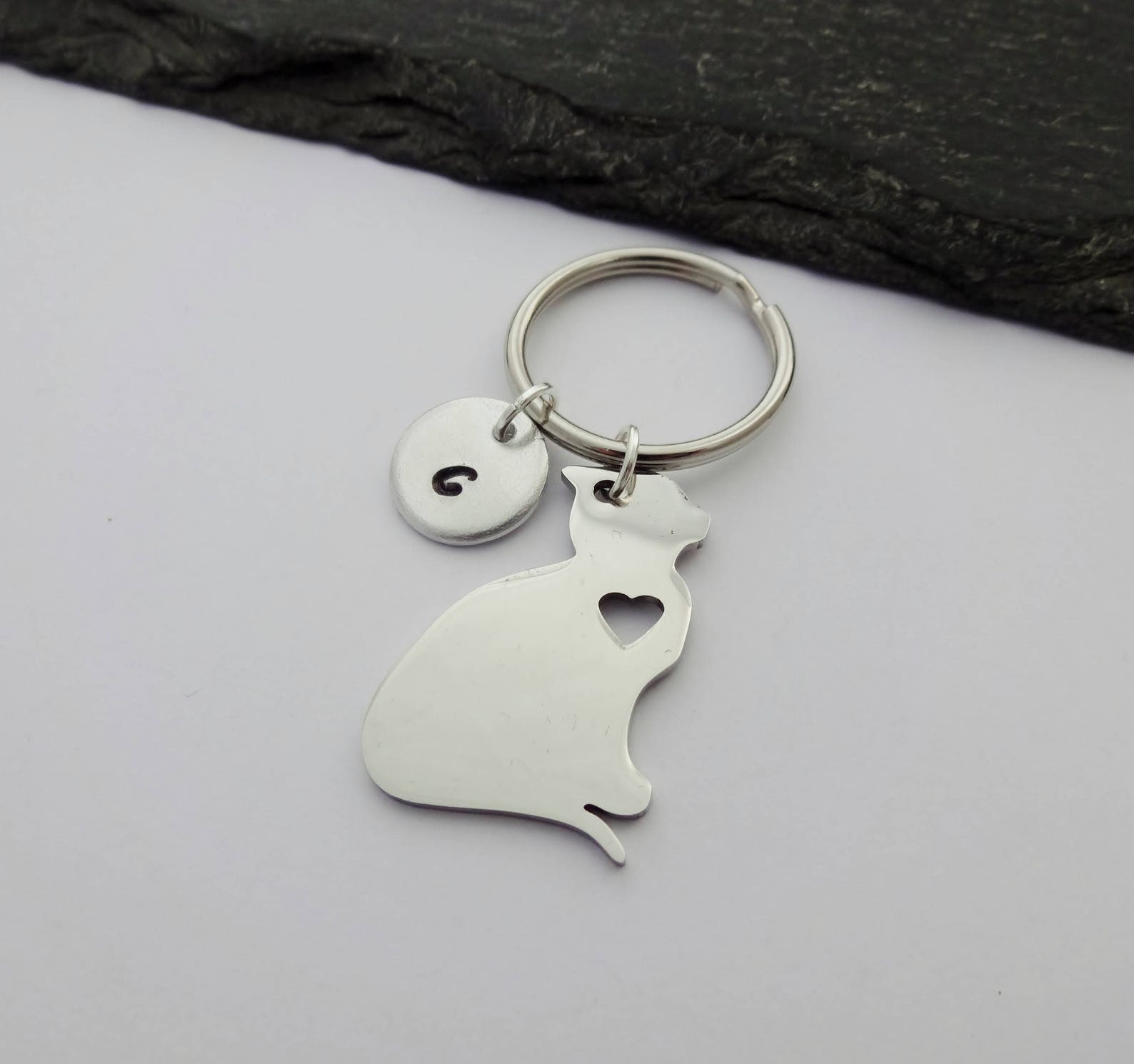 Cat Keyring Initial Keyring Hand Stamped Keyring Pet Etsy UK