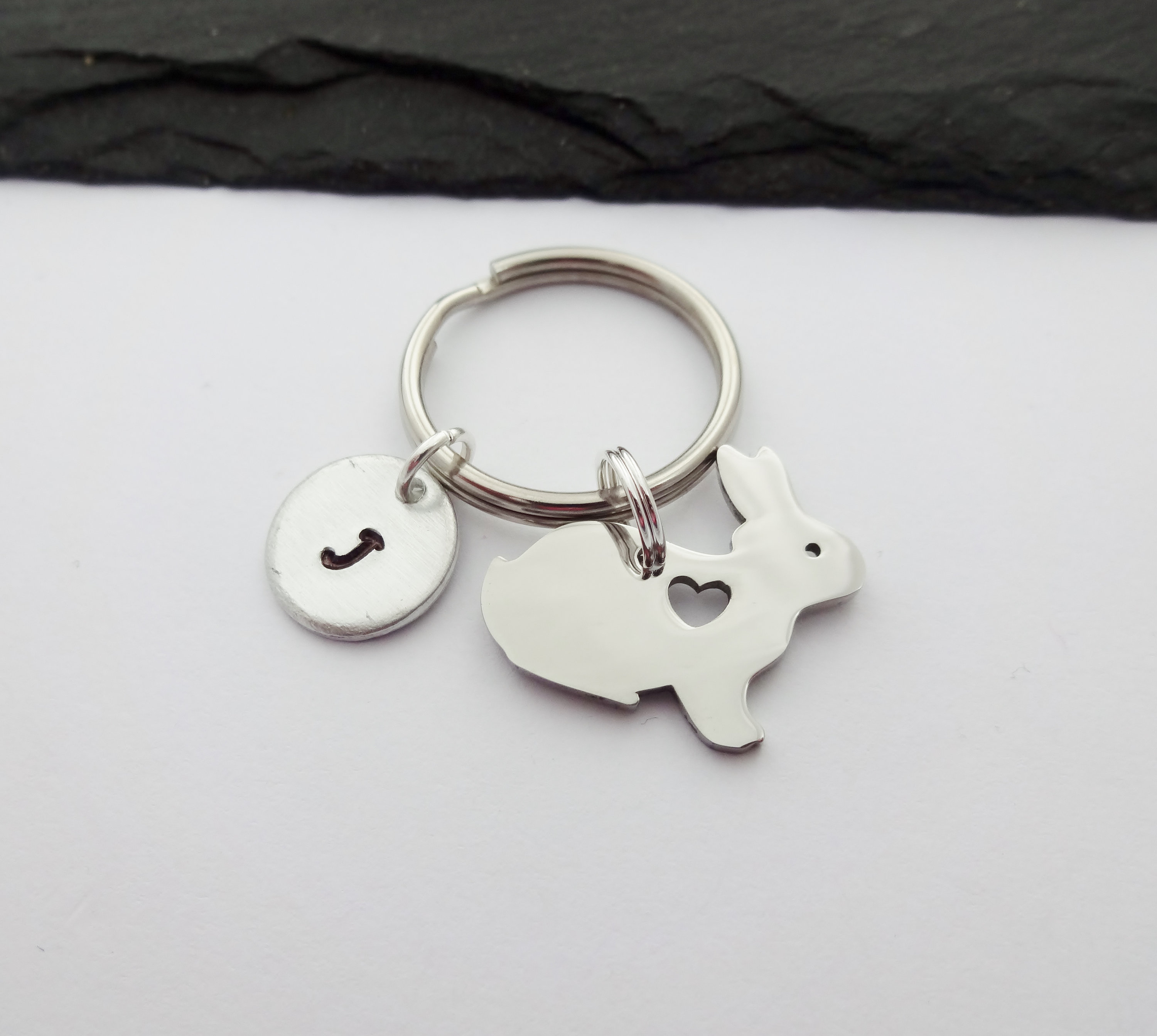 Rabbit Keychain Initial Rabbit Keyring Hand Stamped Small Etsy UK