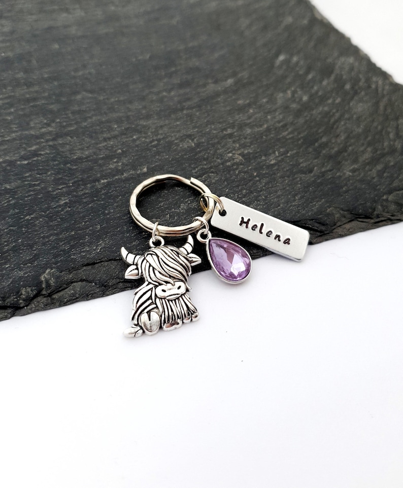 Puede incluir: Un llavero plateado con un dije de vaca de las Tierras Altas, una gema morada en forma de l&aacute;grima y una etiqueta rectangular con el nombre "Helena" grabado. El llavero est&aacute; en un anillo plateado, sobre un fondo gris oscuro.