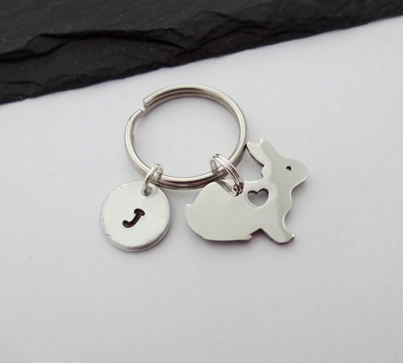 Rabbit Keychain Initial Rabbit Keyring Hand Stamped Small Etsy UK