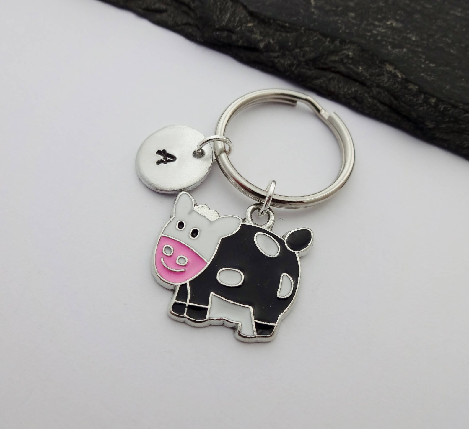 Cow Keychain Cow Keyring Initial Keyring Hand Stamped Etsy