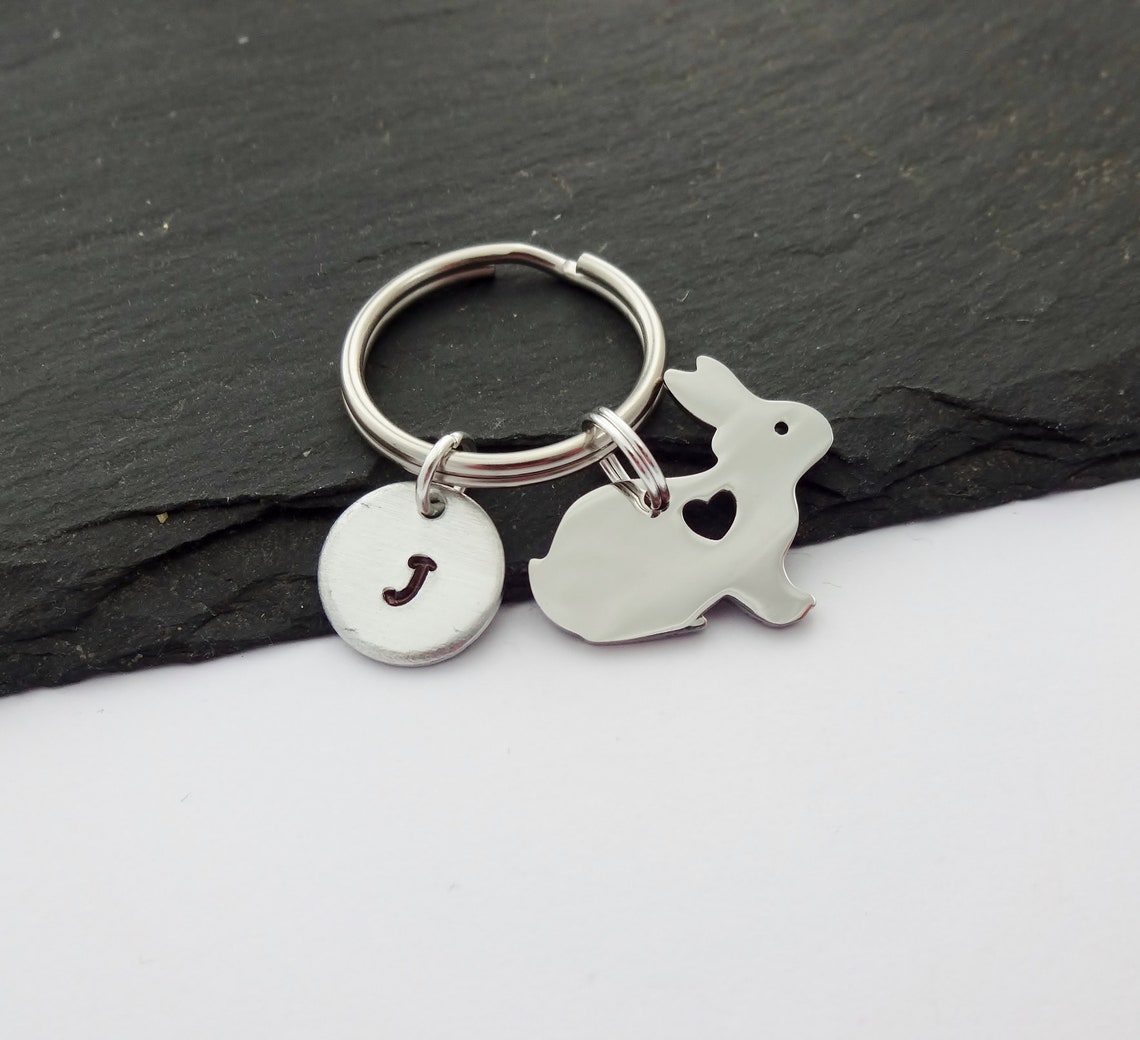 Rabbit Keychain Initial Rabbit Keyring Hand Stamped Small | Etsy