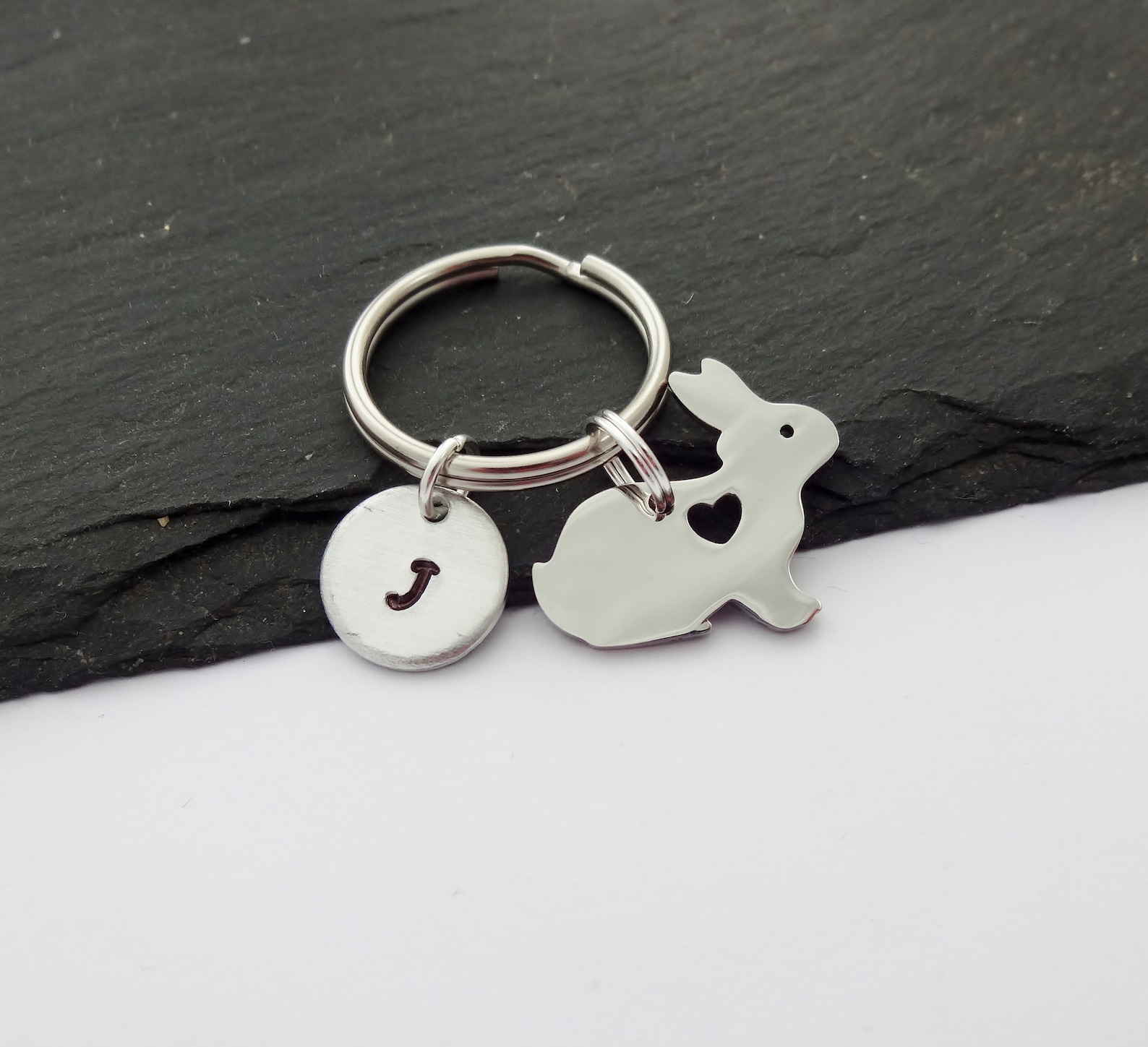 Rabbit Keychain Initial Rabbit Keyring Hand Stamped Small Etsy UK